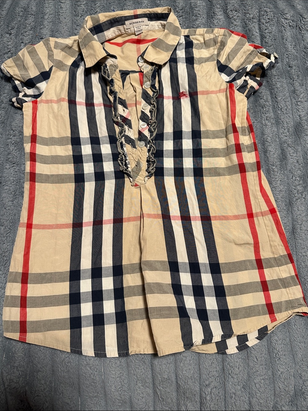 Burberry Beige Plaid Ruffle V-Neck Short Sleeve Blouse